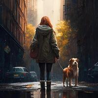 A girl walks a dog in the city. photo