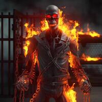 High quality 3D portrait rendering of a Ghoul guarding. Skeleton, skull on fire. photo