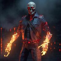 High quality 3D portrait rendering of a Ghoul guarding. Skeleton, skull on fire. photo