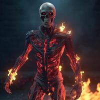 High quality 3D portrait rendering of a Ghoul guarding. Skeleton, skull on fire. photo