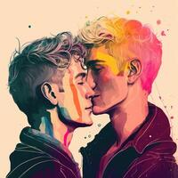 amor lgbtq concepto. joven hombre gay Pareja lgbtq concepto. brillante colores. generativo ai foto