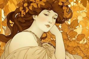 Artdeco woman autumn portrait. Generate Ai photo