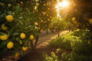 Lemon garden tree at sunrise. Generate Ai photo