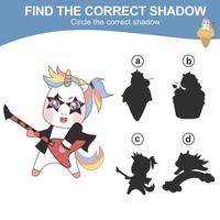 Find the correct shadow. Matching unicorn shadow game for children. Worksheet for kid. Educational printable worksheet. Vector illustration.