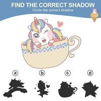 Find the correct shadow. Matching unicorn shadow game for children. Worksheet for kid. Educational printable worksheet. Vector illustration.