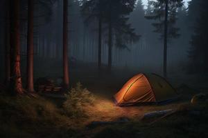 Tent in forest in summer night. Generate Ai photo