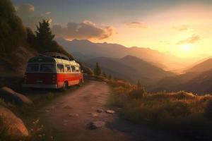 caravana en montañas a puesta de sol. generar ai foto