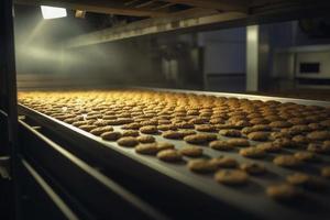 chocolate Galleta fábrica línea. generar ai foto