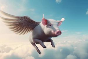 Pig with wings flying. Generate Ai photo