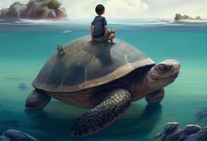 Boy Sitting on giant tortoise in the ocean, digital painting, ultra realistic. Generate Ai. photo