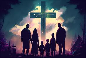 Easter concept. Parents and children worship on the cross background. Generate Ai. photo
