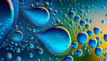 Abstract bright colorful background with drops of oil and water in blue and turquoise tones, macro. . Generate Ai. photo