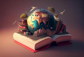 mundo en libros 3d ilustración. generar ai. foto