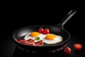 Frying pan eggs with tomatoes. Generate Ai photo