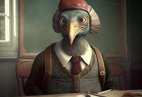 Portrait of an anthropomorphic turkey dressed as a schoolboy in a classroom. Generate Ai. photo