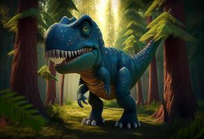 Tyrannosaurus. T. rex dinosaur cartoon character in the forest. Funny animal . Generate Ai. photo