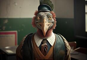 Portrait of an anthropomorphic turkey dressed as a schoolboy in a classroom. Generate Ai. photo