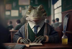 retrato de un antropomórfico cocodrilo vestido como un colegial en un aula. generar ai. foto