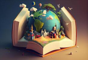 mundo en libros 3d ilustración. generar ai. foto