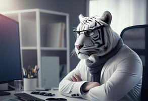 retrato de un antropomórfico blanco Tigre como un desarrollador en el oficina. generar ai. foto