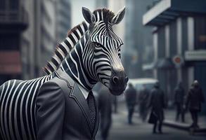 Portrait of an anthropomorphic zebra businessman roaming the city streets. Generate Ai. photo