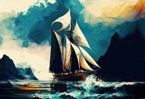 Sailboat against a background of sea digital painting Generate Ai. photo