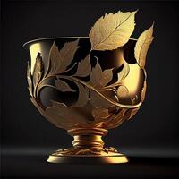 Photo a gold cup with a leaf design on it. Generate Ai.