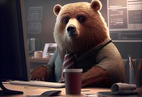 Portrait of an anthropomorphic bear as a developer in the office. Generate Ai. photo