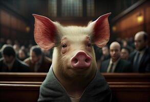 Portrait of a pig accused in court. Generate Ai. photo