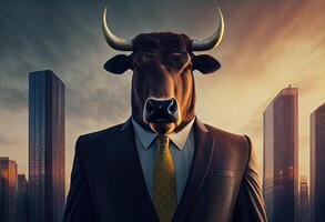 Portrait of an anthropomorphic bull dressed as a businessman against the backdrop of a modern city at sunset. Generate Ai. photo