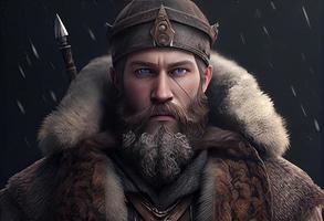 retrato de un antiguo guerrero con un barba y en invierno. generar ai. foto