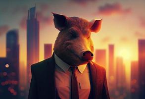 Portrait of an anthropomorphic boar dressed as a businessman against the backdrop of a modern city at sunset. Generate Ai. photo