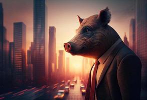 Portrait of an anthropomorphic boar dressed as a businessman against the backdrop of a modern city at sunset. Generate Ai. photo