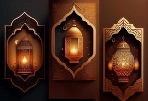 Islamic greeting Eid Mubarak cards for Muslim Holiday. Generate Ai. photo