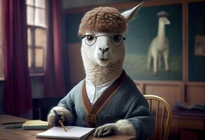 Portrait of an anthropomorphic alpaca dressed as a schoolboy in a classroom. Generate Ai. photo