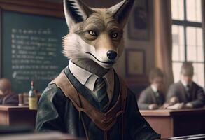 retrato de un antropomórfico lobo vestido como un colegial en un aula. generar ai. foto