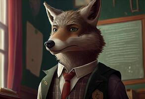 retrato de un antropomórfico lobo vestido como un colegial en un aula. generar ai. foto