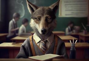 Portrait of an anthropomorphic wolf dressed as a schoolboy in a classroom. Generate Ai. photo