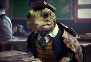 Portrait of an anthropomorphic turtle dressed as a schoolboy in a classroom. Generate Ai. photo