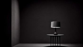 Beautiful minimalistic presentation background with a table and a white lamp against a black textured wall. Generate Ai. photo