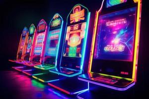 Neon casino slot machine. Generate Ai photo
