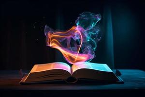 Magic neon lights over book. Generate Ai photo