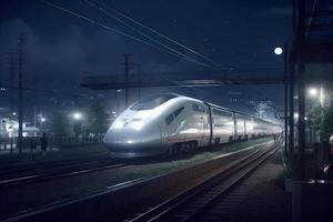 bala tren a noche estación. generar ai foto