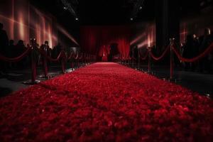 Red cotton carpet at stage. Generate Ai photo