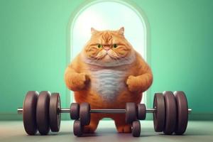 Very fat cat lift barbell. Generate Ai photo