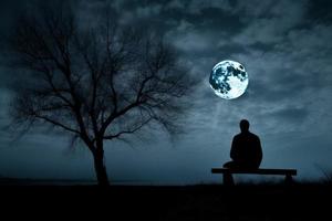 Moon at night park bench. Generate Ai photo