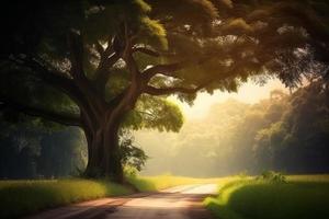 Route journey amidst tree in sun. Generate Ai photo