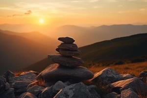 zen piedras naturaleza puesta de sol. generar ai foto