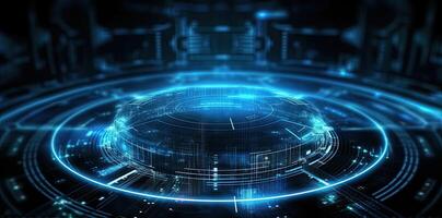 modern technology circle background or abstract image, in the style of rtx on, blueprint, circuitry, lens flare, light navy and sky-blue, Illustration photo