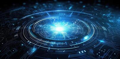 modern technology circle background or abstract image, in the style of rtx on, blueprint, circuitry, lens flare, light navy and sky-blue, Illustration photo